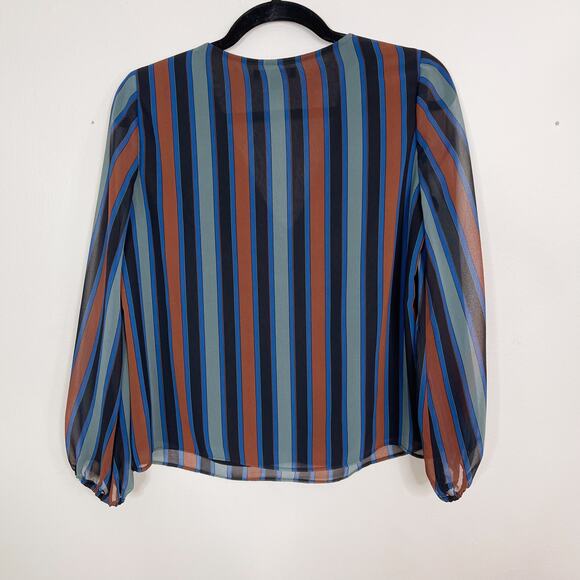 Madewell Sheer Sleeve Top in Academy Stripe Small Black Blue Green Copper Blouse - Picture 2 of 10